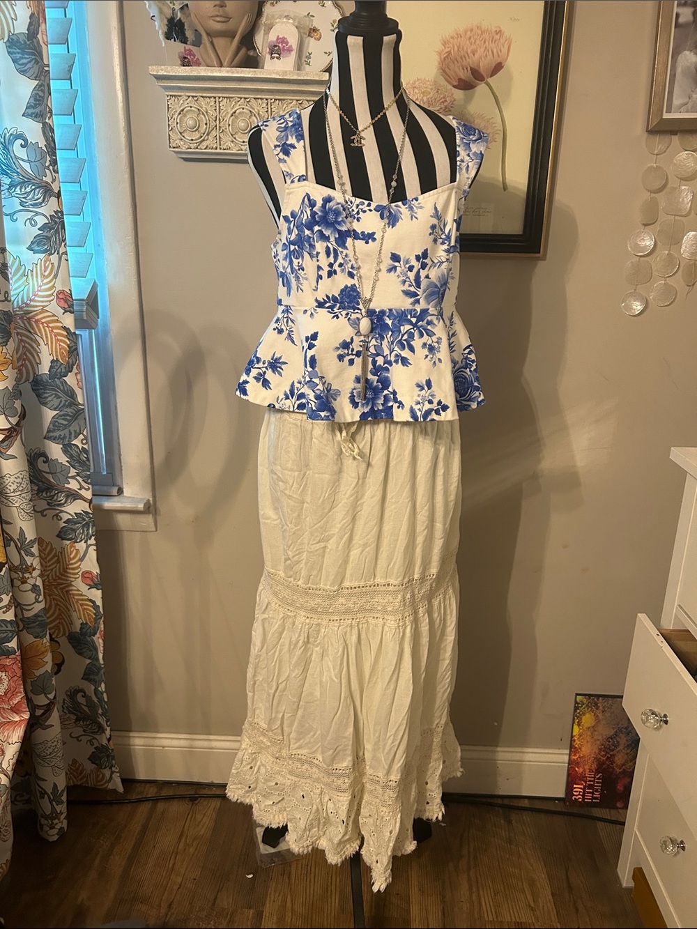 Bohemian Crochet Trim Maxi Skirt in Cream